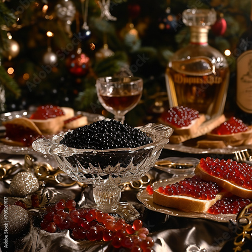 Festive table setting: red and black caviar in a crystal sauce boat, caviar on sandwiches, against the of a bottle of alcoholic drinks.