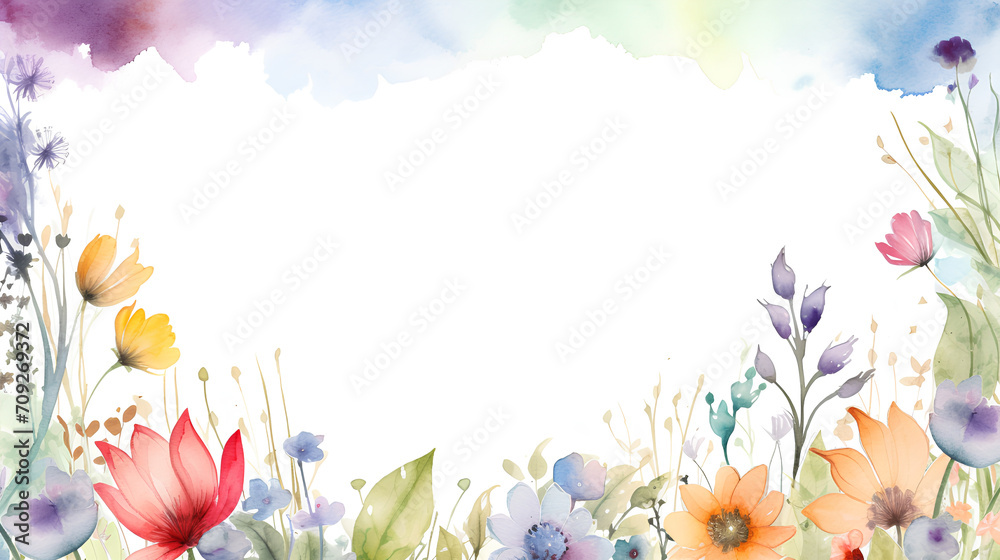 Watercolor Illustration: Vibrant Meadow Flowers Painting with Blank Center Space for Text. Botanical Artwork in Aquarelle Style, Perfect for Greeting Cards, Invitations, and Creative Design Projects