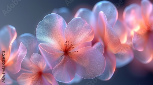 3d rendering of pink and blue flower petals on dark background.