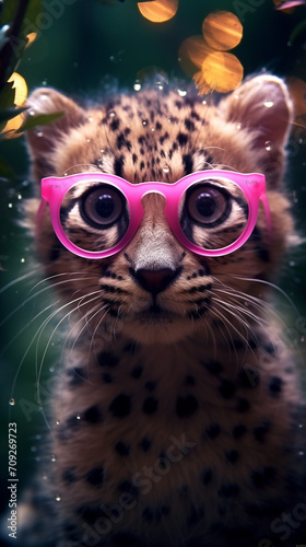 Super cute cheetah wearing heart shape pink glasses looking from the jungle forest created with Generative Ai