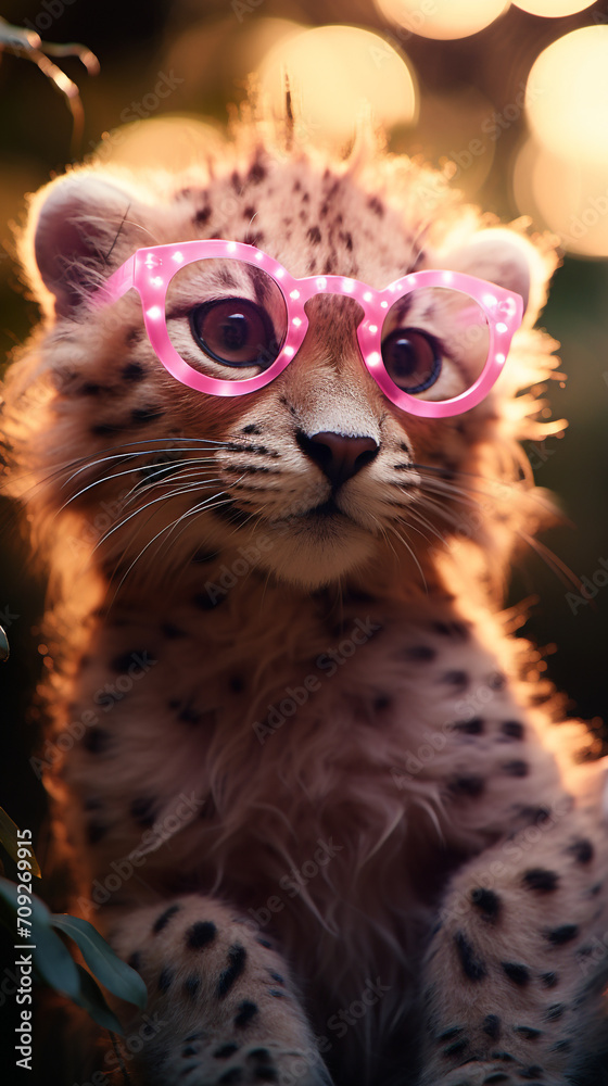 Super cute cheetah wearing heart shape pink glasses looking from the jungle forest created with Generative Ai