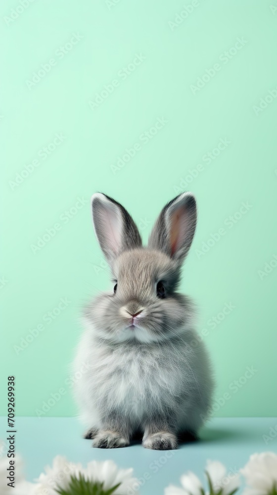 Cute bunny little ears, grey rabbit on green background, Easter celebrations and pet care with copyspace for text.