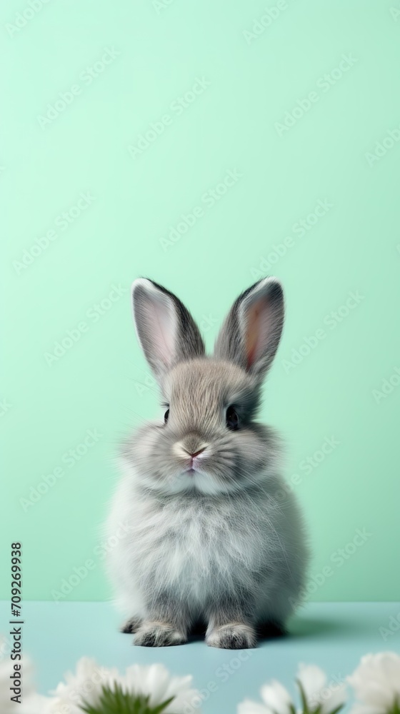 Obraz premium Cute bunny little ears, grey rabbit on green background, Easter celebrations and pet care with copyspace for text.