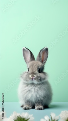 Cute bunny little ears, grey rabbit on green background, Easter celebrations and pet care with copyspace for text. © Jim1786