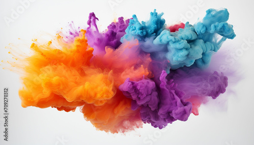 Generate fluffy, cloud like formations of colorful powder in the frame, giving the appearance of soft and billowy clouds against a pristine white background.