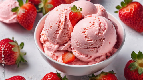 round strawberry ice cream ball or scoop on white background