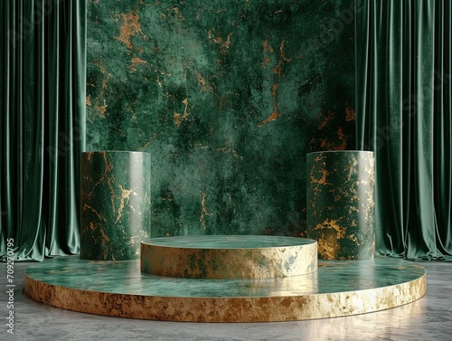 Modern Emerald Green Marble Podiums for Exclusive Product Display - 3D Render for Premium Brand Promotion