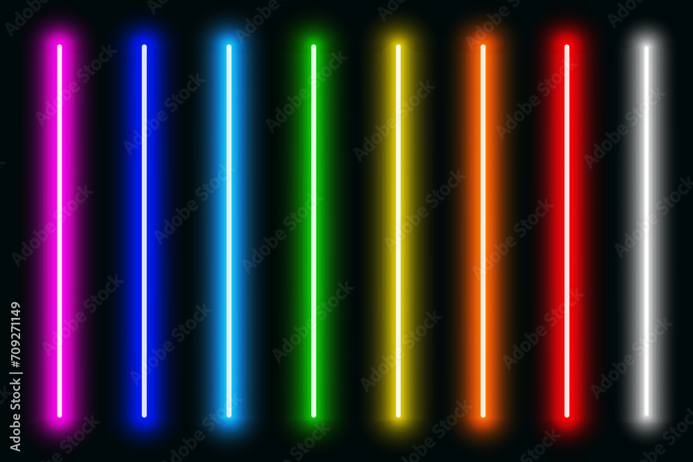 Luminous neon lines isolated, lights lines set in different rainbow colors, retro led neon lamp tube, glowing laser beams streaks on dark background