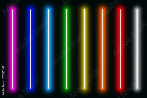 Luminous neon lines isolated, lights lines set in different rainbow colors, retro led neon lamp tube, glowing laser beams streaks on dark background photo