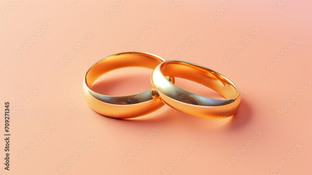 Hyper realistic pair of gold wedding rings on a pastel color background created with Generative Ai