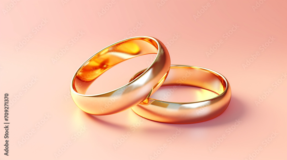 Hyper realistic pair of gold wedding rings on a pastel color background created with Generative Ai