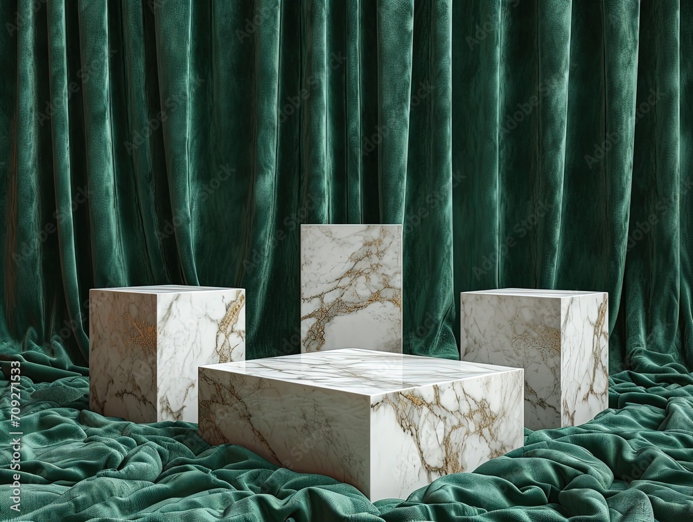 Modern Emerald Green Marble Podiums for Exclusive Product Display - 3D Render for Premium Brand Promotion