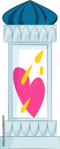 Pink heart with yellow splash framed like a picture, set within a classic blue pavilion structure. Love symbol and art concept vector illustration.
