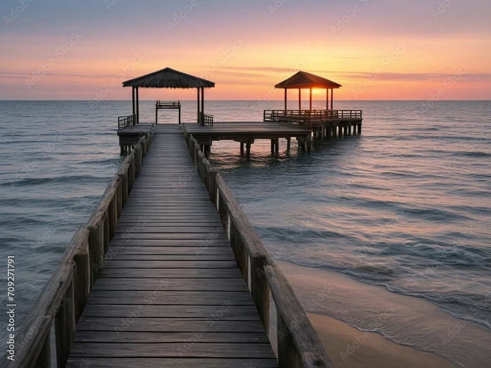Obraz premium Wooden pier on the beach at beautiful sunset in the evening