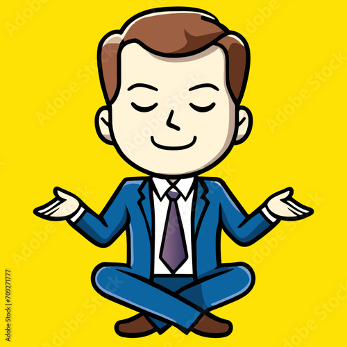 A male office worker sits on the floor with his legs folded and meditates. Relaxing after work in yoga pose.