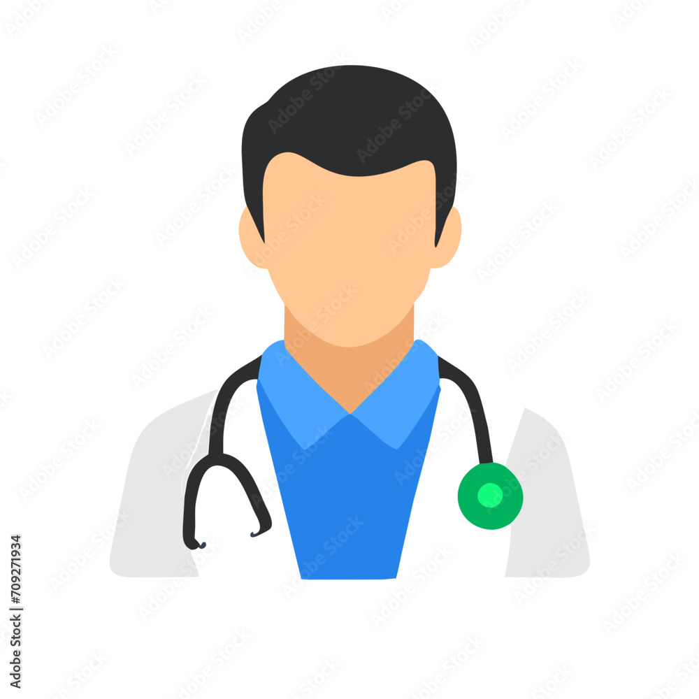 Fototapeta premium Color icon of a doctor in a white coat uniform with a stethoscope. Emergency aid symbol, vector isolated on white