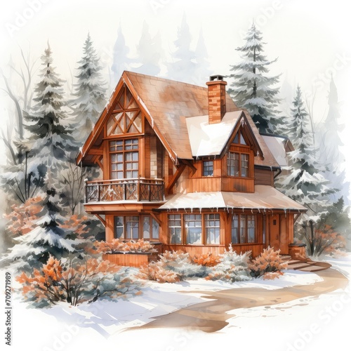 Watercolor Winter House with pine tree forest, Cozy Snowy Winter Fairy House on white background © pixeness