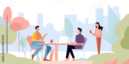 Two guys are sitting at a table in a street cafe on the terrace against the backdrop of a park and trees, a girl is standing next to her with a cup of coffee, vector illustration