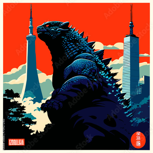 A large lizard monster walks the streets of Tokyo, against the backdrop of a TV tower, vector illustration in Asian style