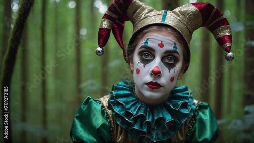 Whimsical Enchantment: The Jester Maiden in the Forest. portrait of a jester clown 