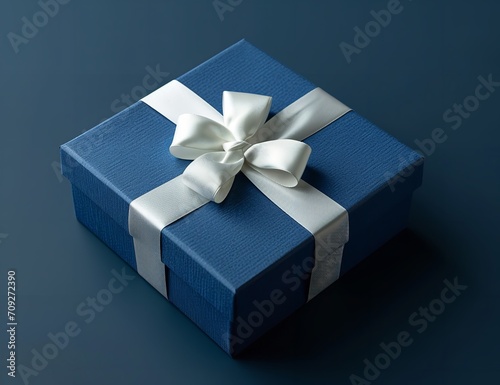 Blue Gift Box with a White Bow on a White Background