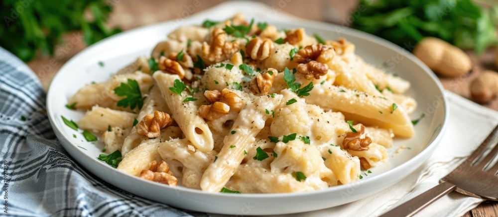 Vegan penne with cauliflower sauce, nuts, and parsley on a white plate. Vegan penne with cauliflower sauce, nuts, and parsley on a white plate.