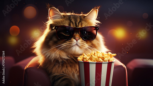 Hyper realistic fluffy cat in cinema, in 3d glasses, holding box of popcorn created with Generative Ai