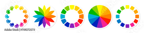 Color wheel set of five in different style on white background. Color wheel guide. Floral patterns and palette isolated. RGB and CMYK colors. Pie charts diagrams. Vector Art photo