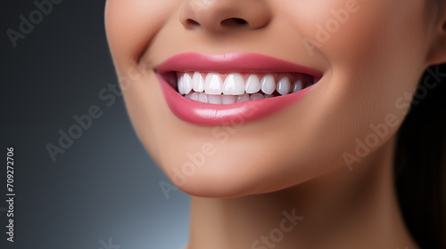 Nice smiling girl with beautiful white teeth and saturated color lipstick 