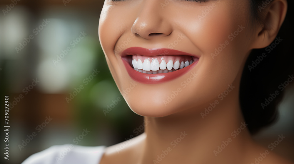 Nice smiling girl with beautiful white teeth and saturated color lipstick
Nice smiling girl with beautiful white teeth and saturated color lipstick