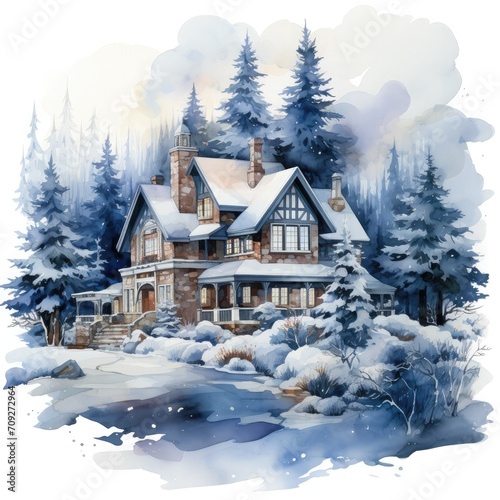 Watercolor Winter House with pine tree forest  Cozy Snowy Winter Fairy House on white background