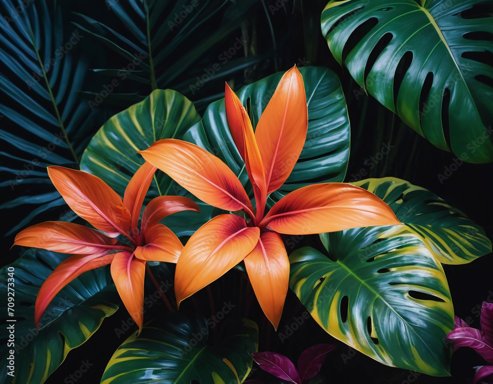 photo realistic Y2K aesthetic exotic flowers and tropical leaves opulent pattern, neon lighting, HDR photo realistic Y2K aesthetic exotic flowers and tropical leaves opulent pattern, neon lighting, HDR