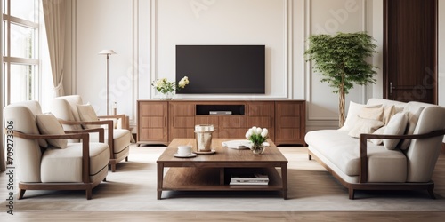 Classically styled living room with luxurious seating and wooden coffee table, featuring a TV.