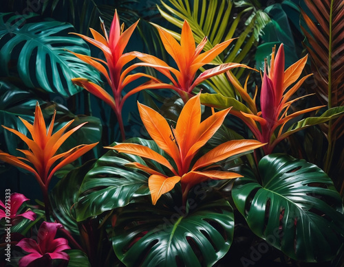 photo realistic Y2K aesthetic exotic flowers and tropical leaves opulent pattern  neon lighting  HDR