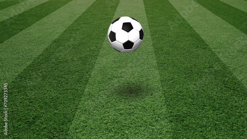 Soccer ball bouncing on green football field illustration background.