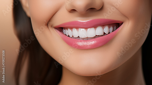 Nice smiling girl with beautiful white teeth and saturated color lipstick  