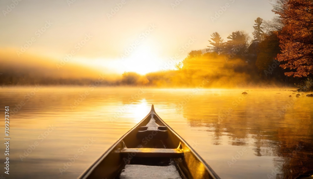 canoe in the morning on a misty lake in Ontario, Canada canoe in the morning on a misty lake in Ontario, Canada