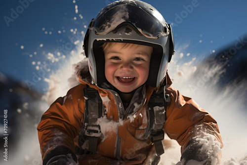 Happy kid winter portrait. Kids in snow. Happy child playing with a snowman on a snowy winter walk © Maru_sua