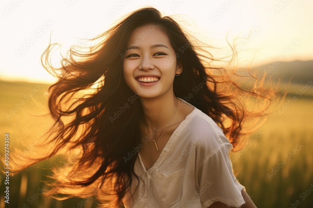 Young happy Asian smiling woman standing in a summer field with golden hour light.
