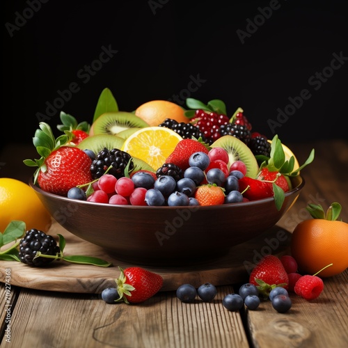 Delicious Fruit bowl on a Wooden Table with black background
