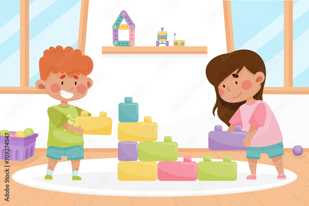 Cute Kid Play Block Toy in Playroom Vector Illustration Cute Kid Play Block Toy in Playroom Vector Illustration