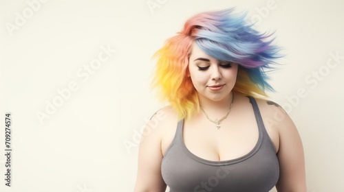 Chubby woman with rainbow hair looking down, standing on a white background