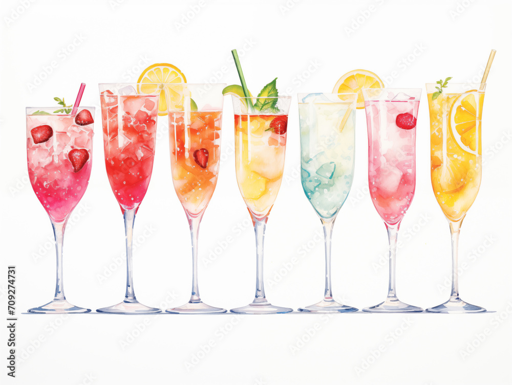 Watercolor summer beverages bar cocktails with ice on white Watercolor summer beverages bar cocktails with ice on white