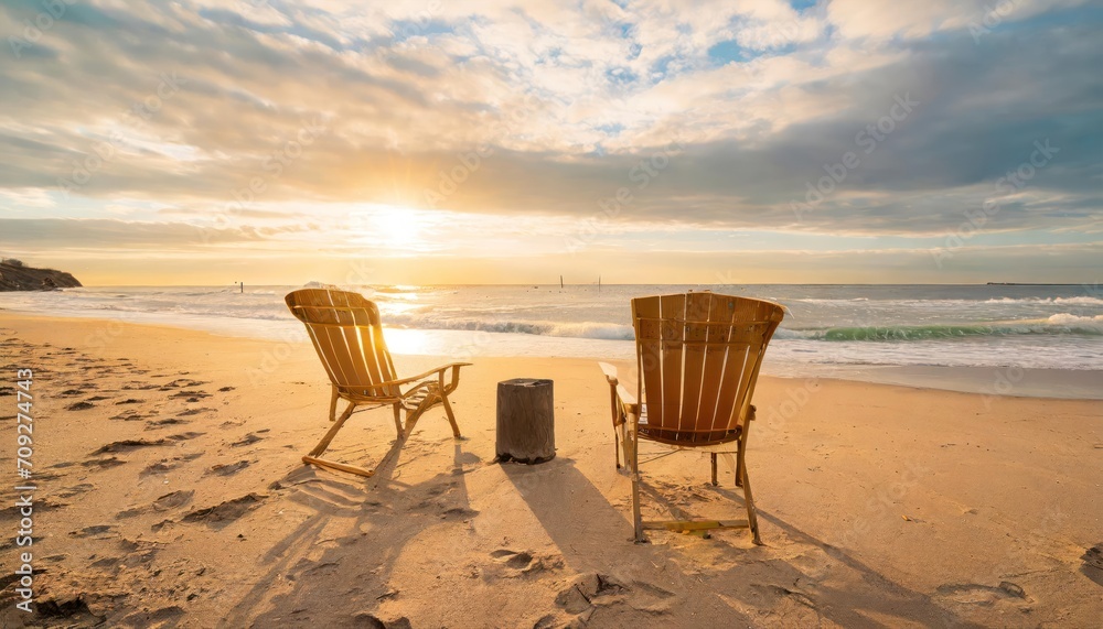 Beautiful beach. Chairs on the sandy beach near the sea. Summer vacation and vacation concept for tourism.