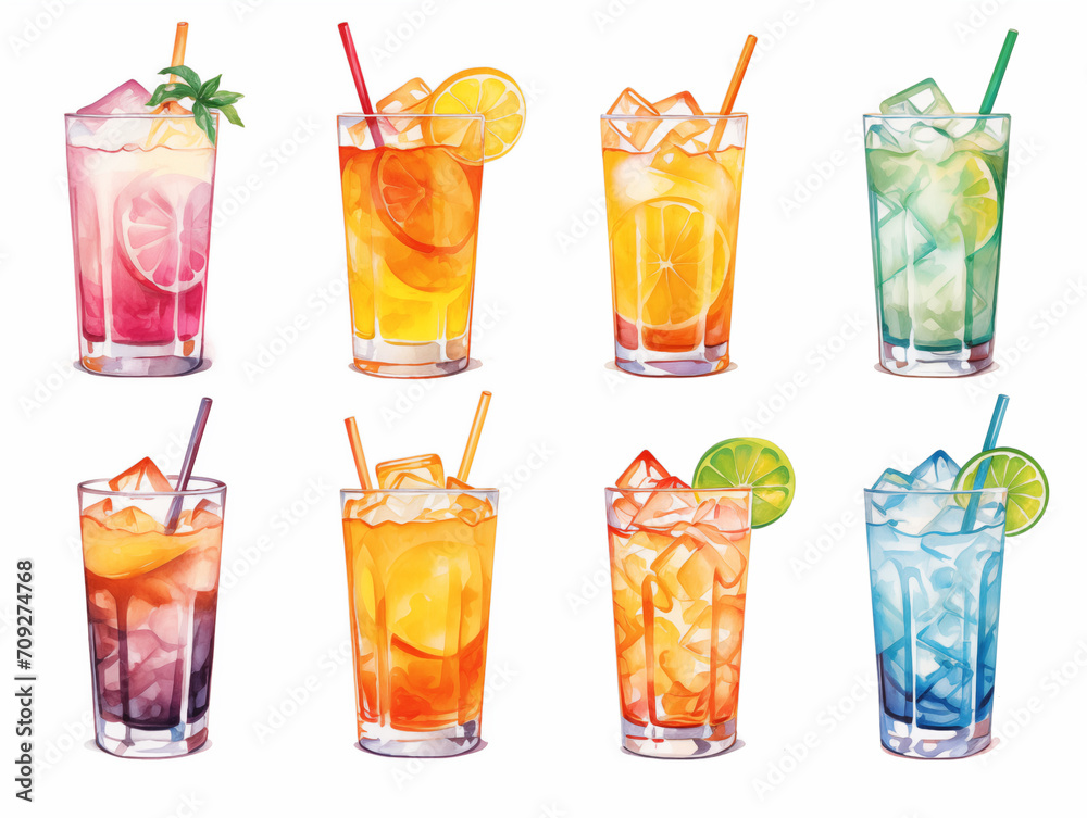 Watercolor summer beverages cocktails juices with ice on white background Watercolor summer beverages cocktails juices with ice on white background