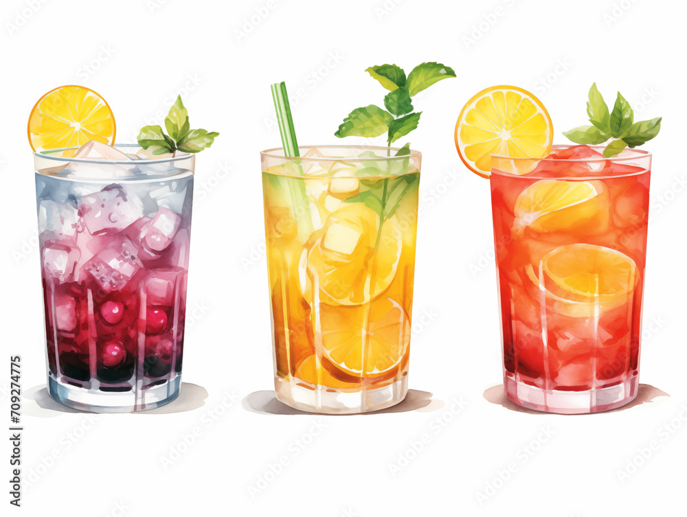 Watercolor summer beverages cocktails with ice on white Watercolor summer beverages cocktails with ice on white