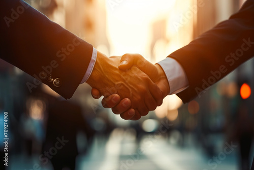 A close-up handshake between two European businessmen in backlit sunlight