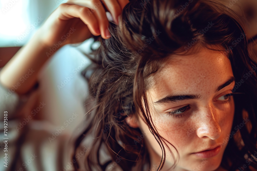 Obraz premium Close up of a beautiful girl making her hair
