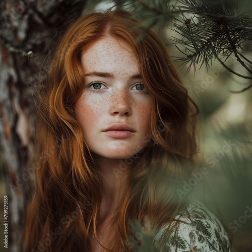 Close-up portrait of a redheaded woman in the forest