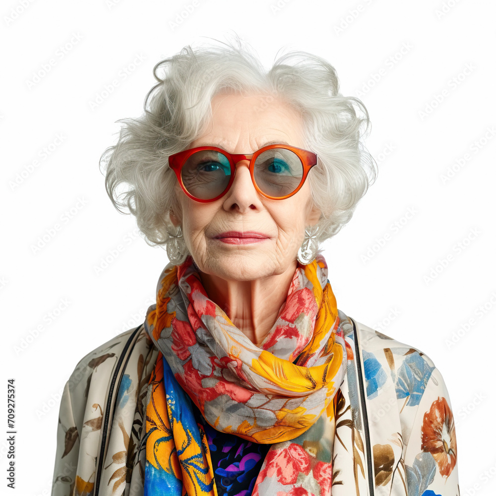 Portrait of a beautiful elderly woman in fashionable clothes and sunglasses. Isolated on a white background